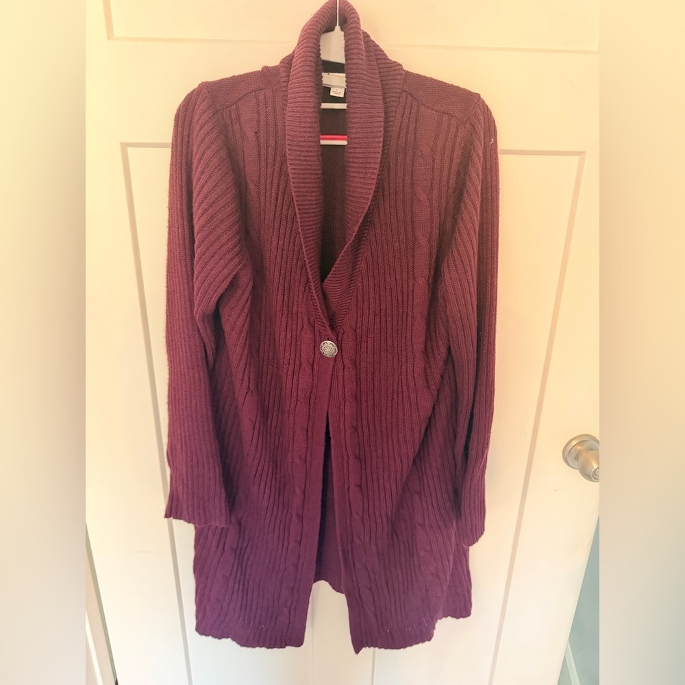 d&co Cable Knit Shawl Collar Cardigan Plum Burgundy Women Large